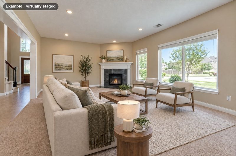 The same room virtually staged with a sofa, two armchairs, a coffee table and a rug