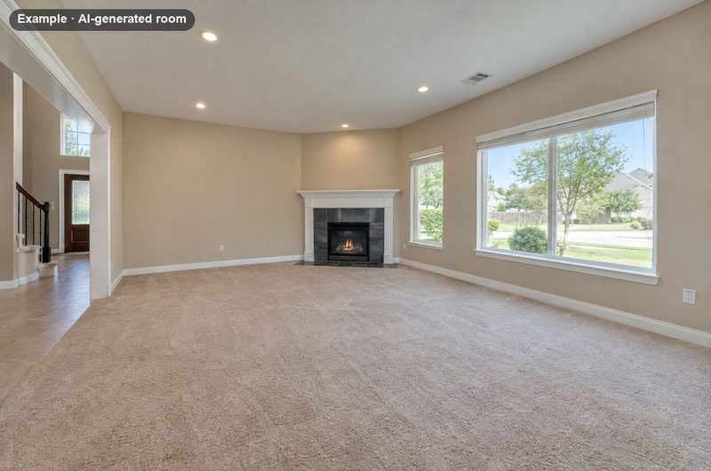 AI-generated example: empty living room with a corner fireplace, carpet and a large picture window