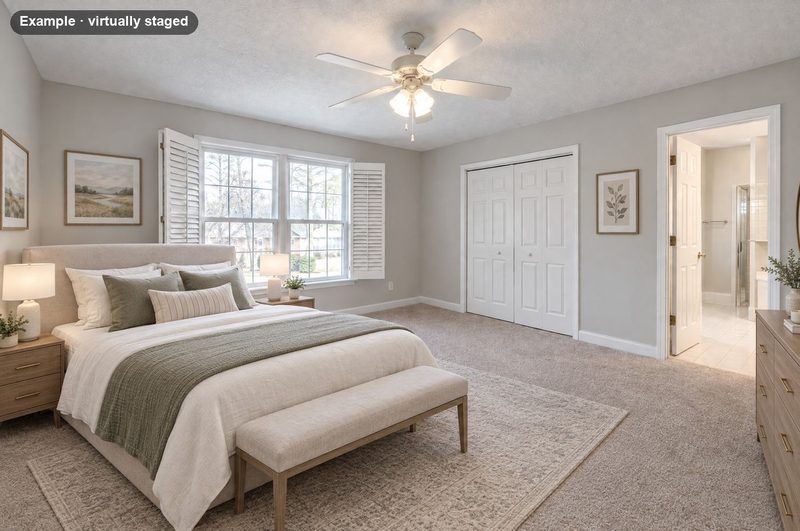 The same bedroom virtually staged with a queen bed, nightstands, a bench and a dresser