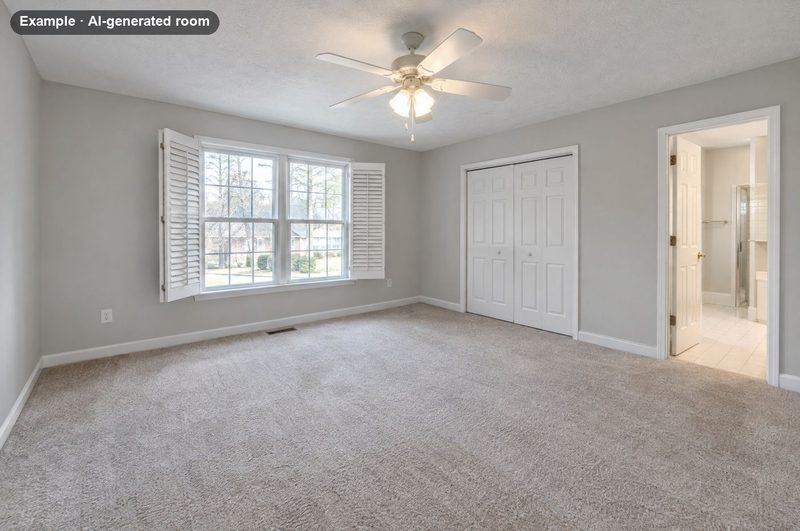AI-generated example: empty bedroom with plantation shutters, a ceiling fan and a closet