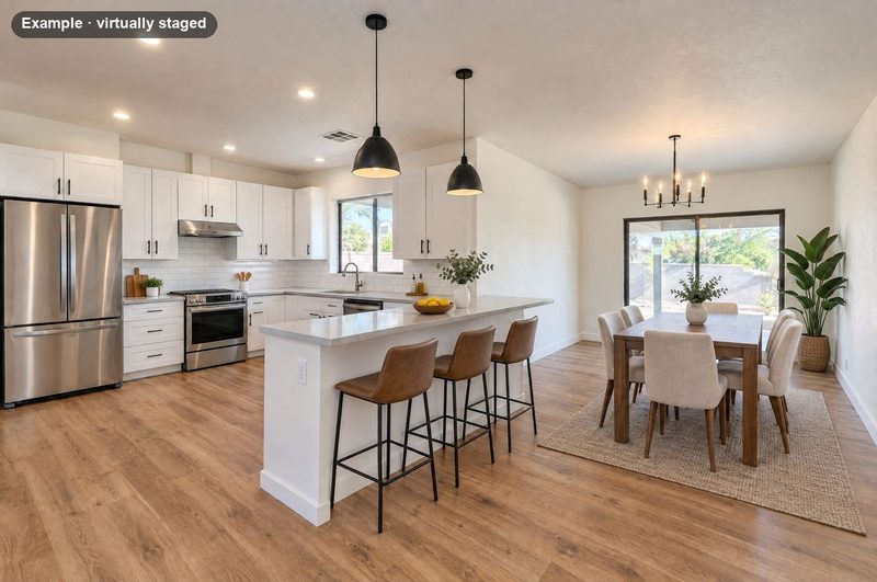 The same space virtually staged with counter stools and a dining table for six