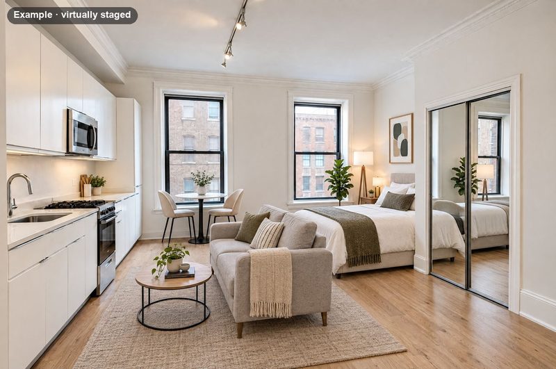 The same studio virtually staged with a bed, a loveseat and a bistro table