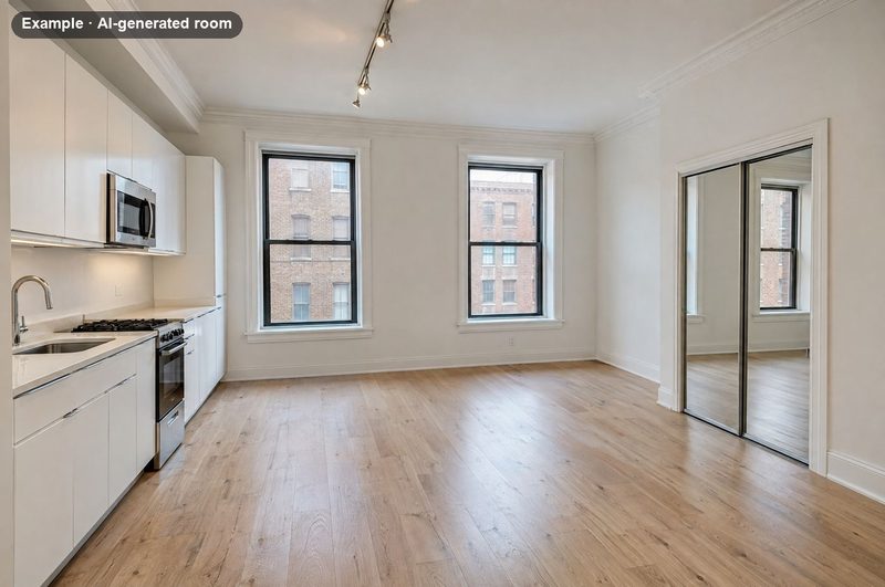 AI-generated example: empty studio apartment with a kitchenette and a mirrored closet