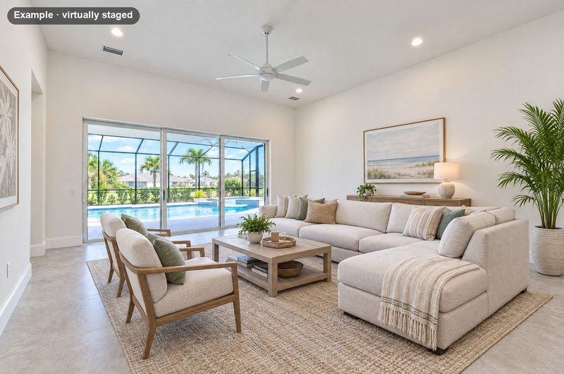 The same room virtually staged with a sectional sofa, two chairs and a jute rug