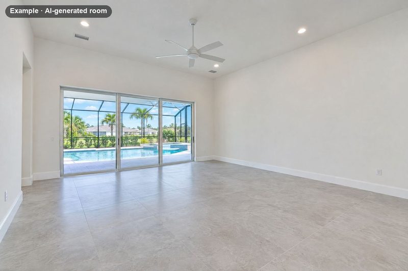 AI-generated example: empty great room with a tile floor and sliding doors to a pool lanai