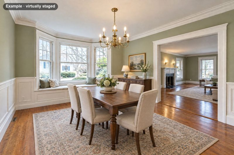 The same dining room virtually staged with a table for six, a sideboard and a rug