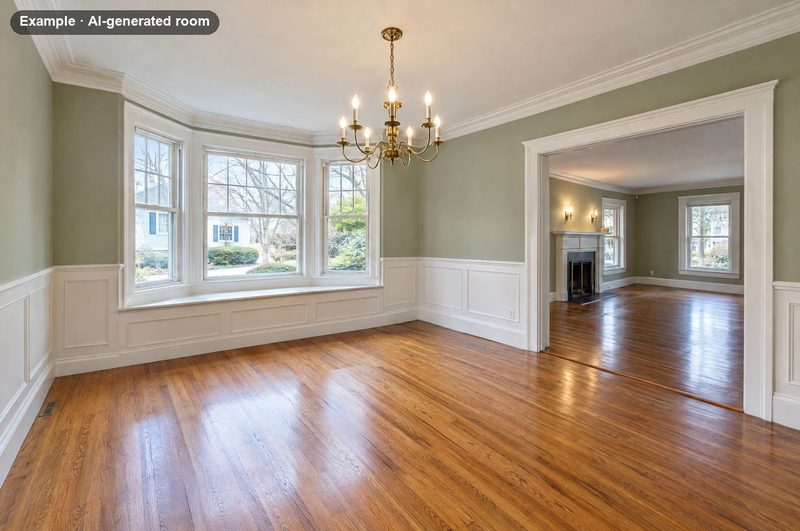 AI-generated example: empty dining room with a bay window, wainscoting and a brass chandelier