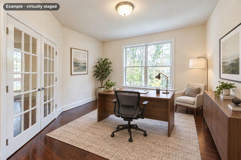 The same office virtually staged with a desk, an office chair, a credenza and a reading chair