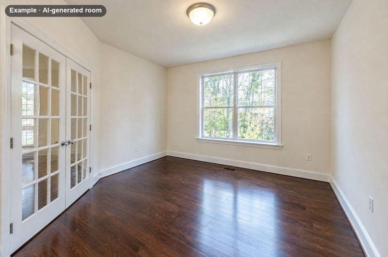 AI-generated example: empty home office with French doors and dark hardwood floors