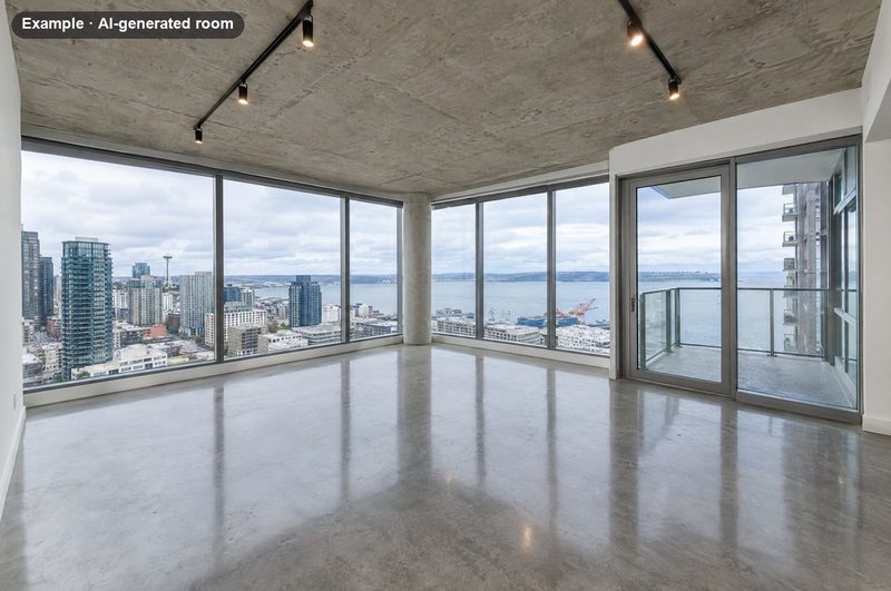 AI-generated example: empty condo living area with floor-to-ceiling windows and a city view