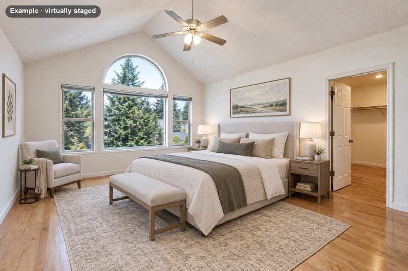 The same bedroom virtually staged with a king bed, a bench and a reading chair
