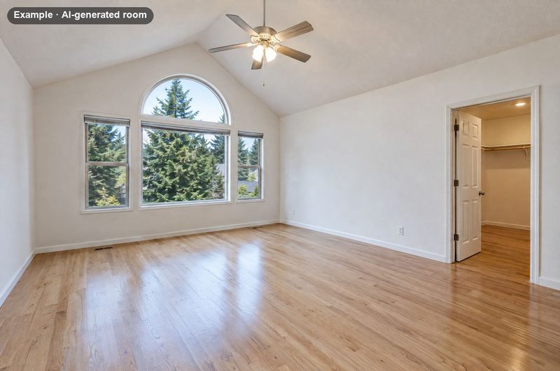 AI-generated example: empty primary bedroom with a vaulted ceiling and an arched window