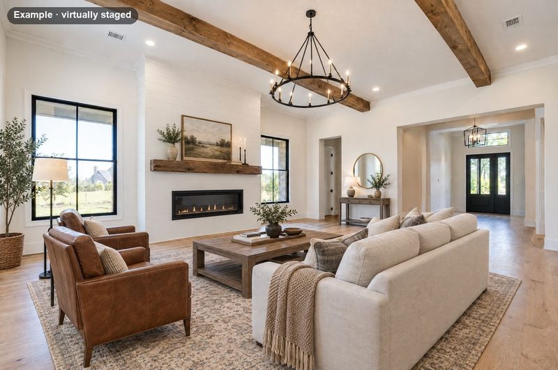 The same room virtually staged with a sofa, two leather armchairs and a coffee table