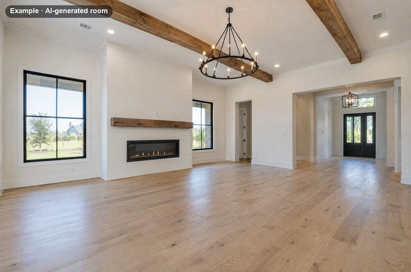 AI-generated example: empty farmhouse-style living room with a shiplap fireplace wall and wood beams